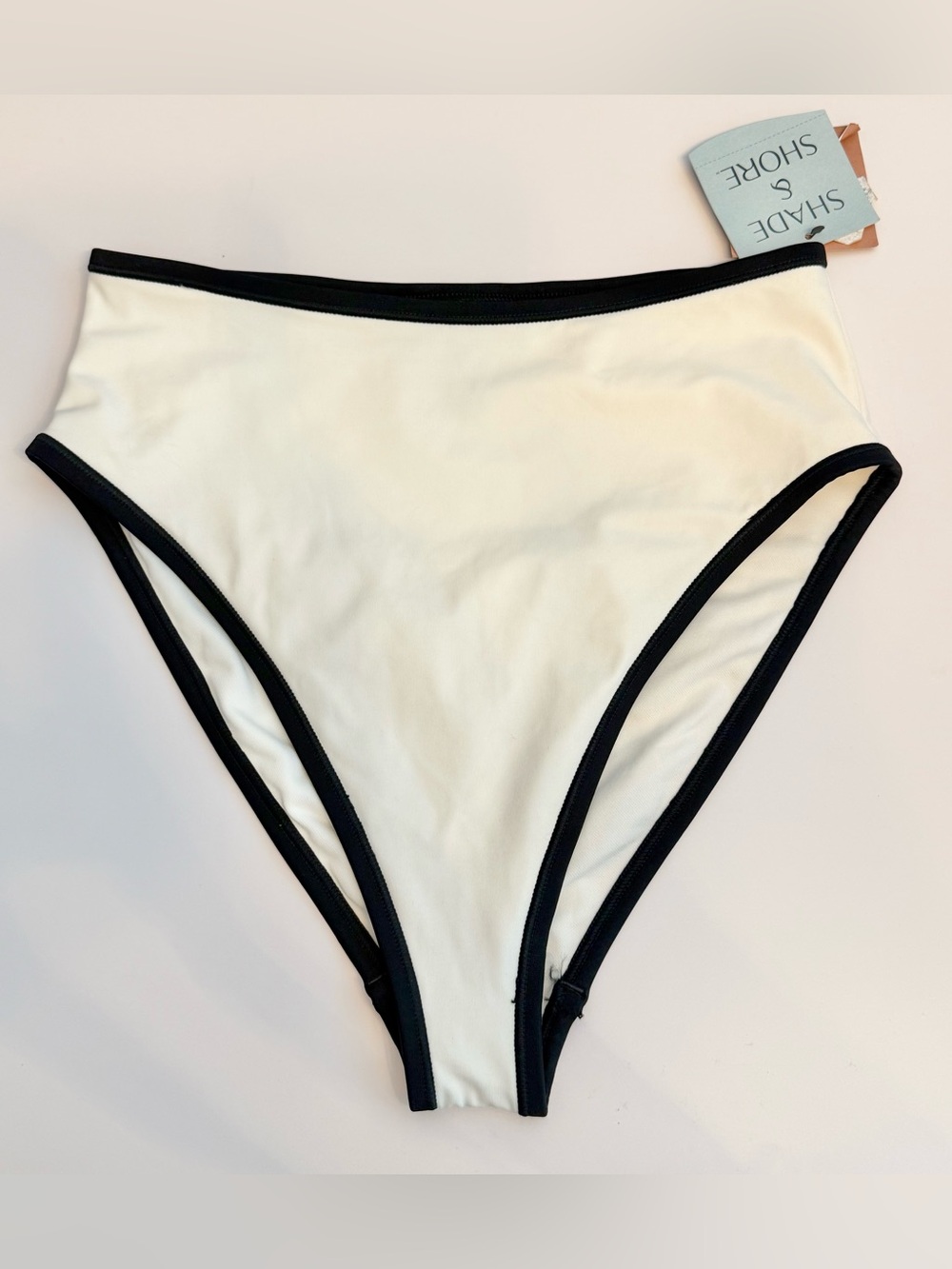 Shade & Shore High Waist & leg Bikini Brief in Cream/white w/Black Trim cheek
